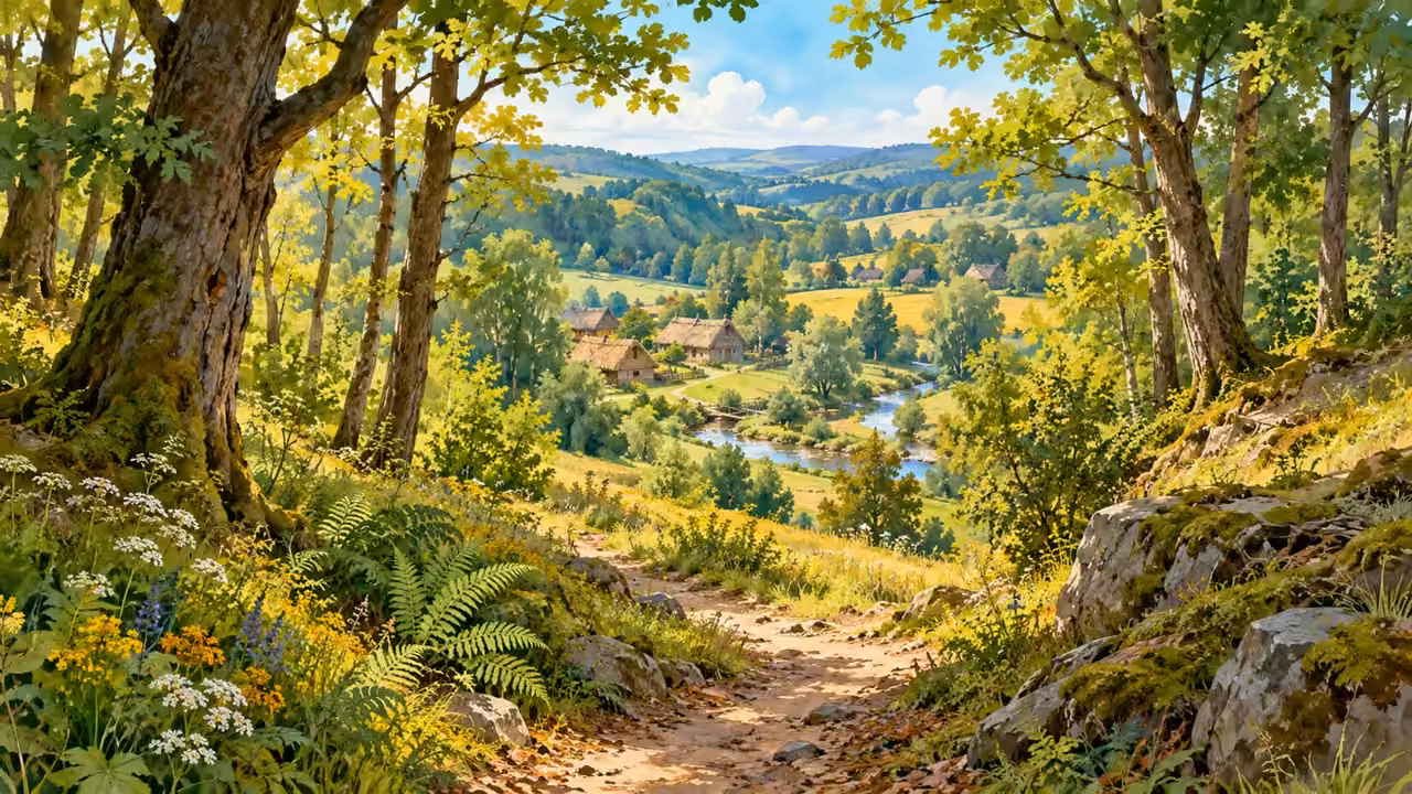 Un sentier lumineux traverse une forêt et mène vers un village, dans les campagnes de Podolie.