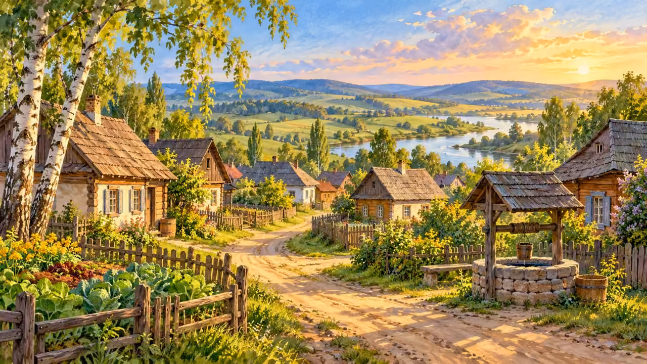 Des maisons de bois, des jardins et un chemin, dans un village d’Europe de l’Est.